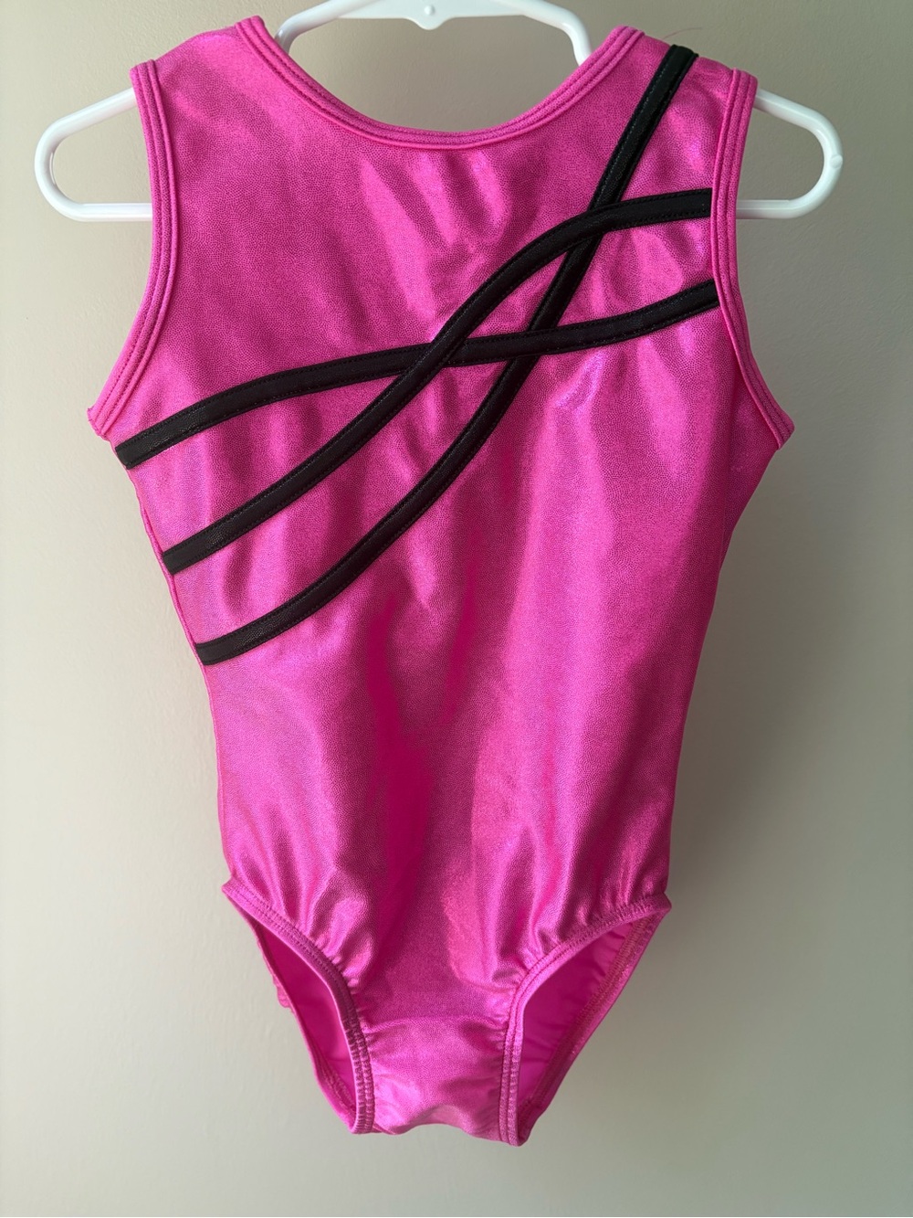 TUMBLEWEAR Hot Pink Shiny Gymnastics Leotard with Black Stripe Detail Size 6-7
